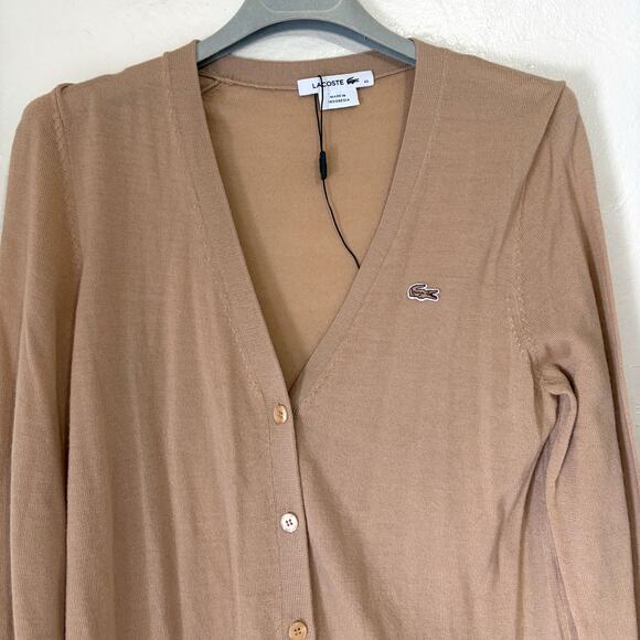 LACOSTE NWOT 100% Merino Wool Classic Cardigan in Tan Size 44/ M - Picture 4 of 12